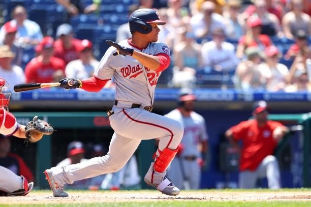 Juan Soto of the Washington Nationals hits an RBI single against the Philadelphia Phillies during the third inning of a game at Citizens Bank Park on...
