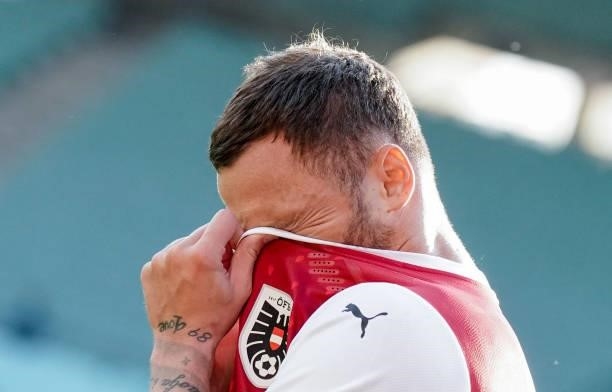 Marko Arnautovic of Austria looks dejected during the international friendly match between Austria and Slovakia at Happel Stadium on June 6, 2021 in...