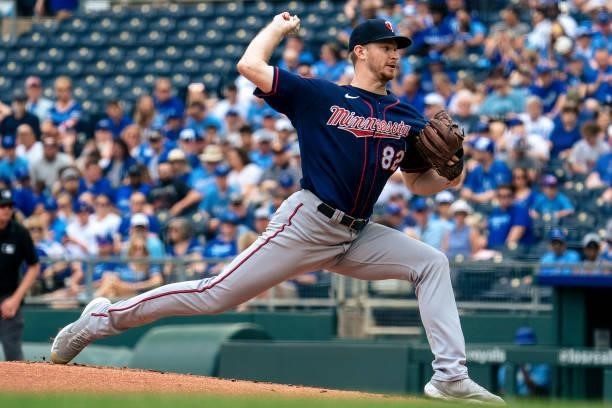 Bailey Ober of the Minnesota Twins pitches against the Kansas City Royals in the first inning at Kauffman Stadium on June 6, 2021 in Kansas City,...