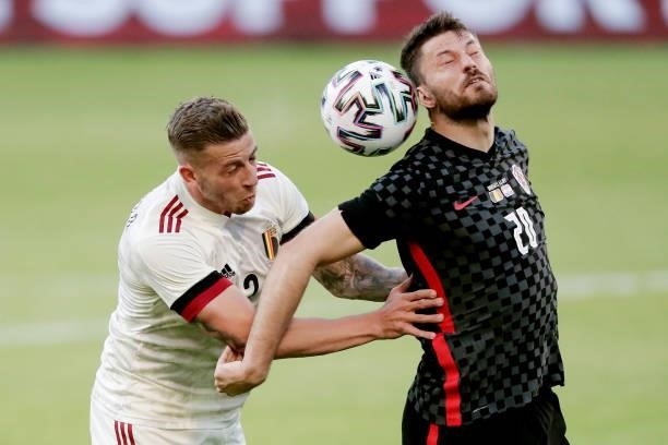 Toby Alderweireld of Belgium, Bruno Petkovic of Croatia during the International Friendly match between Belgium v Croatia on June 6, 2021