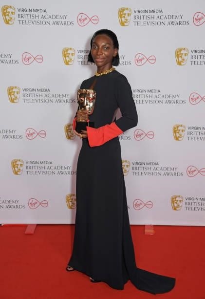 Michaela Coel, accepting the Best Mini-Series award for "I May Destroy You", poses in the Winners Room at the Virgin Media British Academy Television...