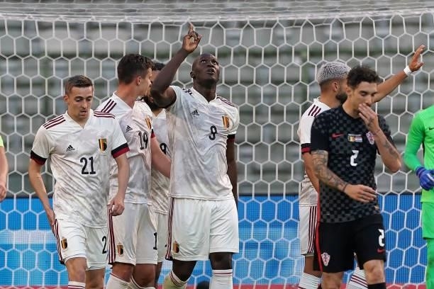 Romelu Lukaku of Belgium celebrates after scoring his team's first goal during the international friendly match between Belgium and Croatia at King...