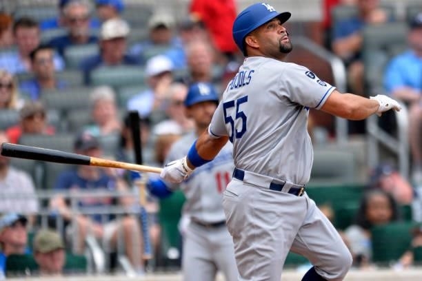 Albert Pujols of the Los Angeles Dodgers makes a base hit in the top of the 4th inning against the Atlanta Braves at Truist Park on June 6, 2021 in...