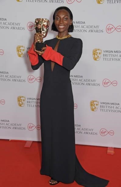 Michaela Coel, winner of the Best Actress award for "I May Destroy You", poses in the Winners Room at the Virgin Media British Academy Television...