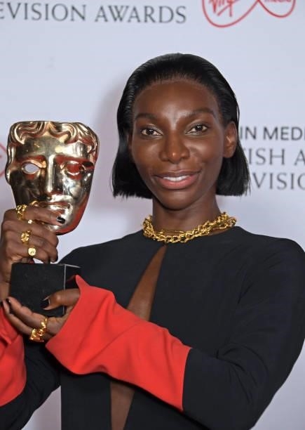 Michaela Coel, winner of the Best Actress award for "I May Destroy You", poses in the Winners Room at the Virgin Media British Academy Television...