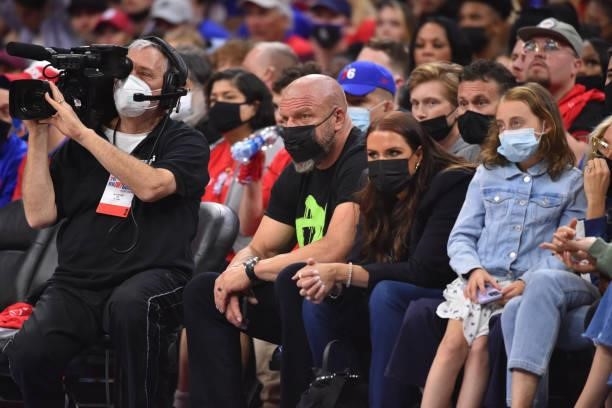 Professional Wrestler, Triple H attends a game between the Atlanta Hawks and the Philadelphia 76ers during Round 2, Game 1 of the Eastern Conference...