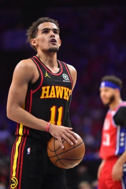 Trae Young of the Atlanta Hawks shoots a free throw during a game against the Philadelphia 76ers during Round 2, Game 1 of the Eastern Conference...