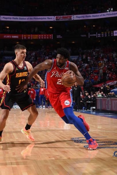 Joel Embiid of the Philadelphia 76ers handles the ball against the Atlanta Hawks during Round 2, Game 1 of the Eastern Conference Playoffs on June 6,...
