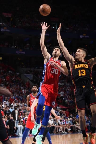 Furkan Korkmaz of the Philadelphia 76ers shoots the ball against the Atlanta Hawks during Round 2, Game 1 of the Eastern Conference Playoffs on June...
