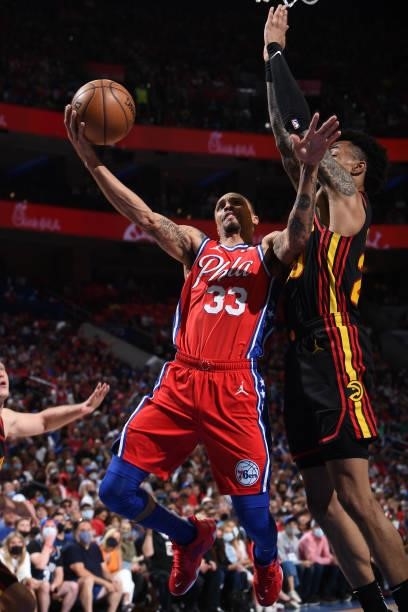 George Hill of the Philadelphia 76ers shoots the ball against the Atlanta Hawks during Round 2, Game 1 of the Eastern Conference Playoffs on June 6,...