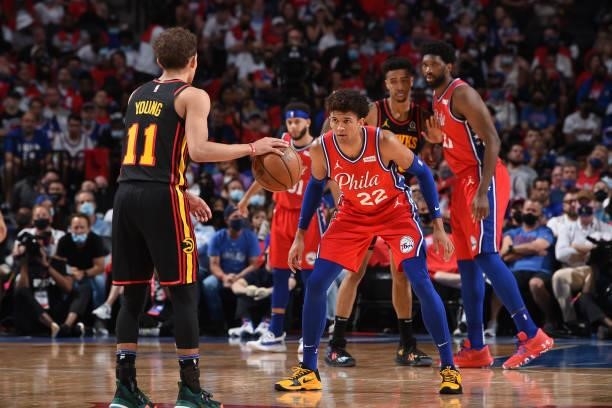 Matisse Thybulle of the Philadelphia 76ers plus defense against the Atlanta Hawks during Round 2, Game 1 of the Eastern Conference Playoffs on June...