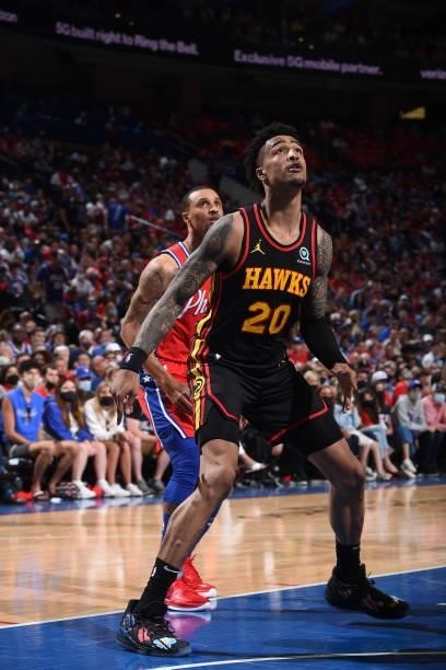 John Collins of the Atlanta Hawks fights for the rebound against the Philadelphia 76ers during Round 2, Game 1 of the Eastern Conference Playoffs on...