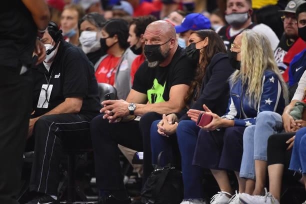 Professional Wrestler, Triple H attends a game between the Atlanta Hawks and the Philadelphia 76ers during Round 2, Game 1 of the Eastern Conference...