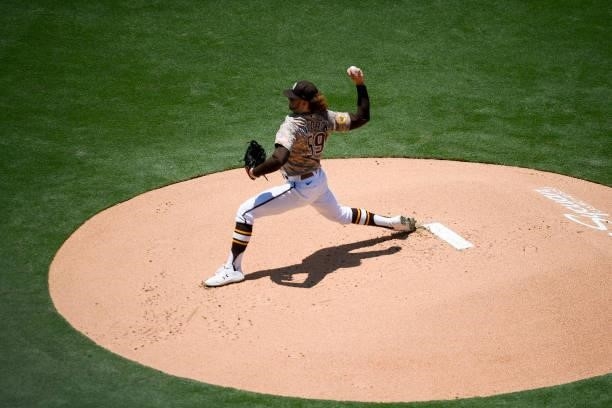 Chris Paddack of the San Diego Padres pitches during the first inning of a baseball game against New York Mets at Petco Park on June 6, 2021 in San...