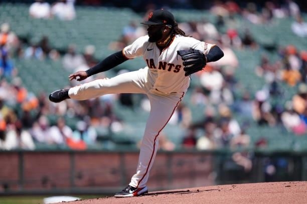 Johnny Cueto of the San Francisco Giants pitches during the game between the Chicago Cubs and the San Francisco Giants at Oracle Park on Sunday, June...