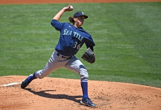 Logan Gilbert of the Seattle Mariners pitches in the first inning of the game against the Los Angeles Angels at Angel Stadium of Anaheim on June 6,...