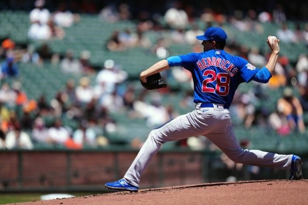 Kyle Hendricks of the Chicago Cubs pitches during the game between the Chicago Cubs and the San Francisco Giants at Oracle Park on Sunday, June 6,...