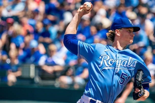Brady Singer of the Kansas City Royals pitches against the Minnesota Twins in the fourth inning at Kauffman Stadium on June 6, 2021 in Kansas City,...