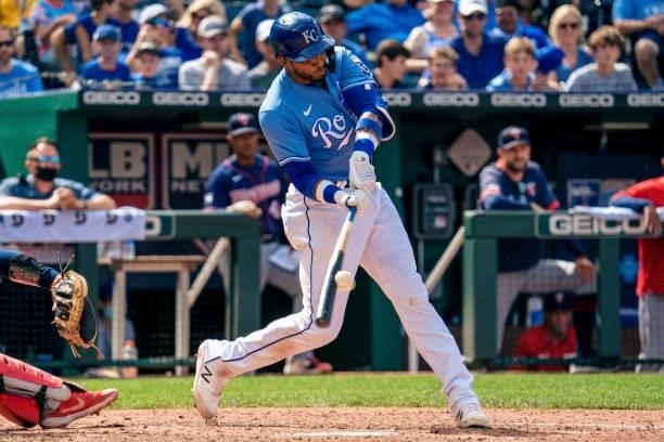 Kelvin Gutierrez of the Kansas City Royals connects with a Minnesota Twins pitch in the ninth inning at Kauffman Stadium on June 6, 2021 in Kansas...