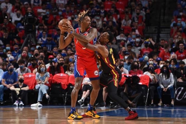 Dwight Howard of the Philadelphia 76ers handles the ball against the Atlanta Hawks during Round 2, Game 1 of the Eastern Conference Playoffs on June...