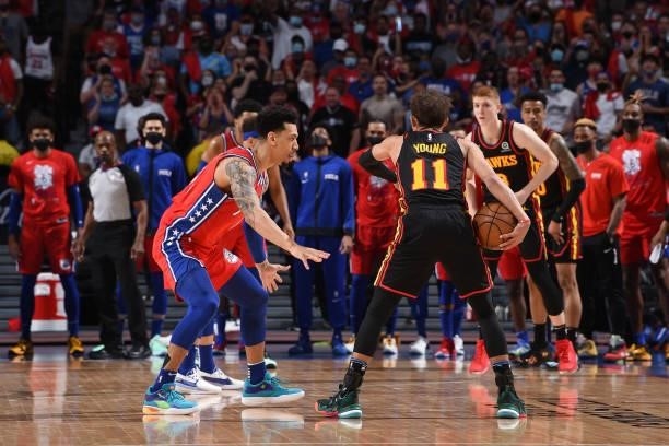Danny Green of the Philadelphia 76ers plays defense against Trae Young of the Atlanta Hawks during Round 2, Game 1 of the Eastern Conference Playoffs...