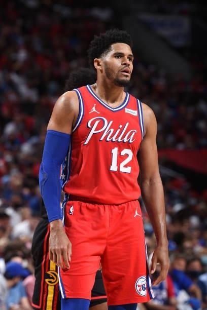 Tobias Harris of the Philadelphia 76ers looks on during a game against the Atlanta Hawks during Round 2, Game 1 of the Eastern Conference Playoffs on...