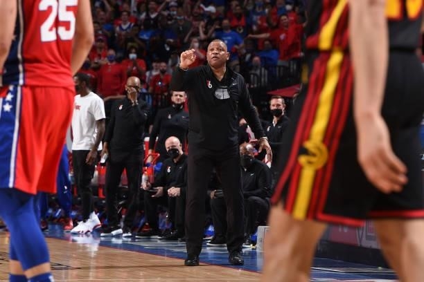 Head Coach Doc Rivers of the Philadelphia 76ers calls out a play during Round 2, Game 1 of the Eastern Conference Playoffs on June 6, 2021 at Wells...