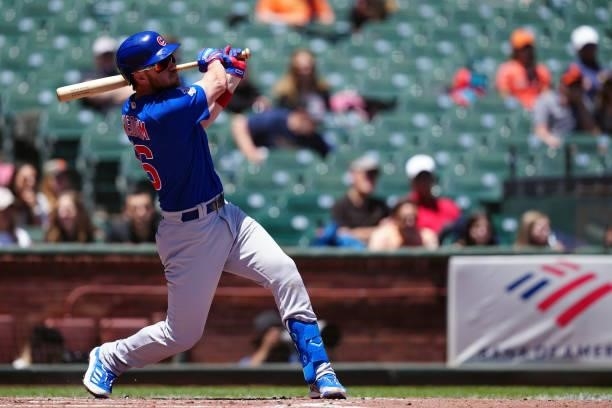 Patrick Wisdom of the Chicago Cubs hits a home run during the game between the Chicago Cubs and the San Francisco Giants at Oracle Park on Sunday,...
