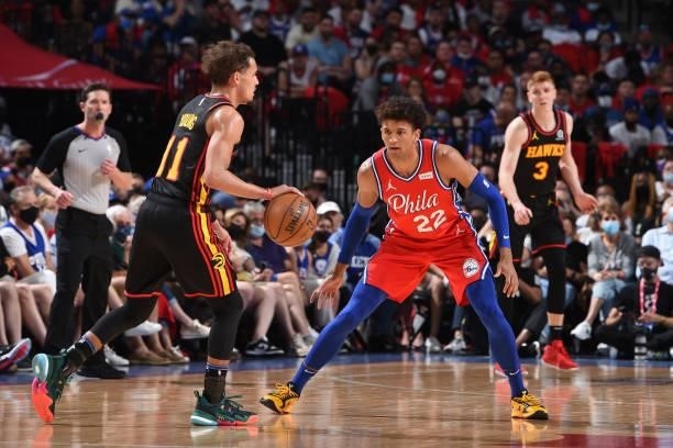 Matisse Thybulle of the Philadelphia 76ers plays defense against Trae Young of the Atlanta Hawks during Round 2, Game 1 of the Eastern Conference...