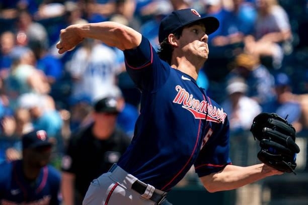 Luke Farrell of the Minnesota Twins pitches in the fifth inning against the Kansas City Royals at Kauffman Stadium on June 6, 2021 in Kansas City,...