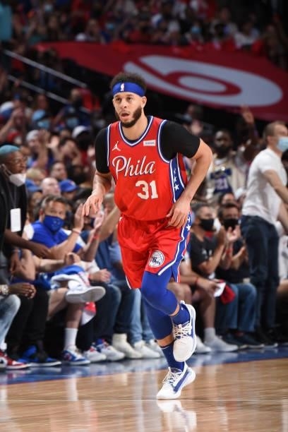 Seth Curry of the Philadelphia 76ers runs on during a game against the Atlanta Hawks during Round 2, Game 1 of the Eastern Conference Playoffs on...