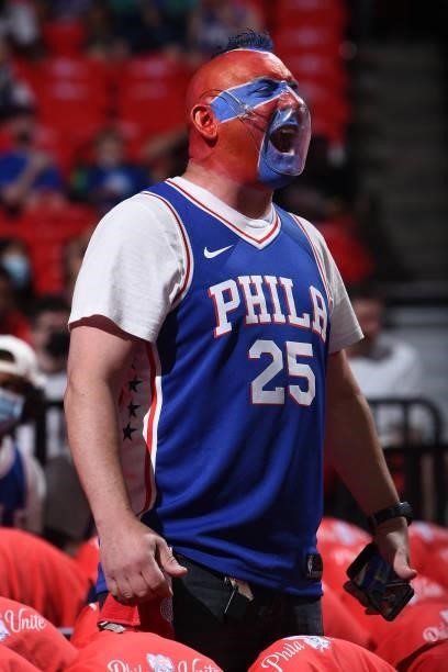 Philadelphia 76ers fan reacts during Round 2, Game 1 of the Eastern Conference Playoffs on June 6, 2021 at Wells Fargo Center in Philadelphia,...