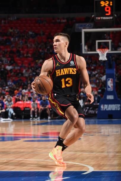 Bogdan Bogdanovic of the Atlanta Hawks handles the ball against the Philadelphia 76ers during Round 2, Game 1 of the Eastern Conference Playoffs on...