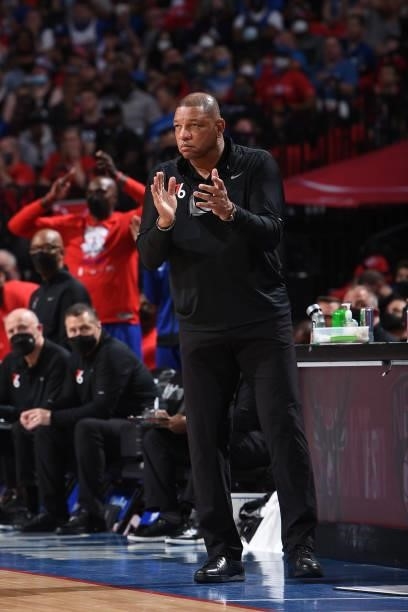 Head Coach Doc Rivers of the Philadelphia 76ers reacts during a game against the Atlanta Hawks during Round 2, Game 1 of the Eastern Conference...