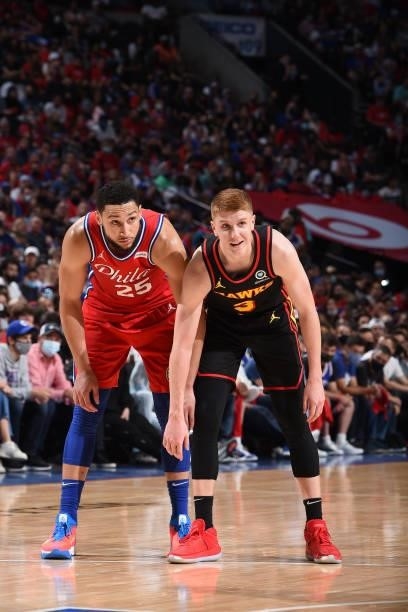Ben Simmons of the Philadelphia 76ers and Kevin Huerter of the Atlanta Hawks look on during Round 2, Game 1 of the Eastern Conference Playoffs on...
