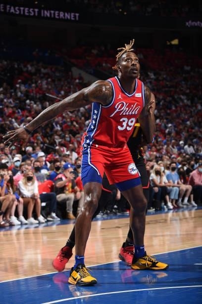 Dwight Howard of the Philadelphia 76ers looks to rebound against the Atlanta Hawks during Round 2, Game 1 of the Eastern Conference Playoffs on June...