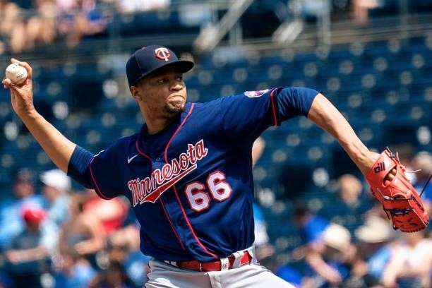 Jorge Alcala of the Minnesota Twins pitches against the Kansas City Royals in the sixth inning at Kauffman Stadium on June 6, 2021 in Kansas City,...