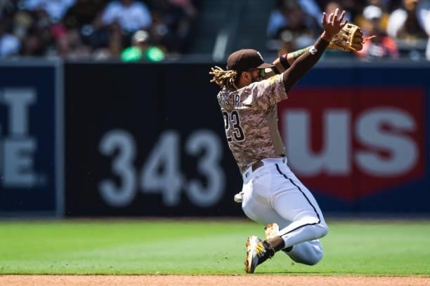 Fernando Tatis Jr of the San Diego Padres fields a ground ball in the fourth inning against the New York Mets at Petco Park on June 6, 2021 in San...