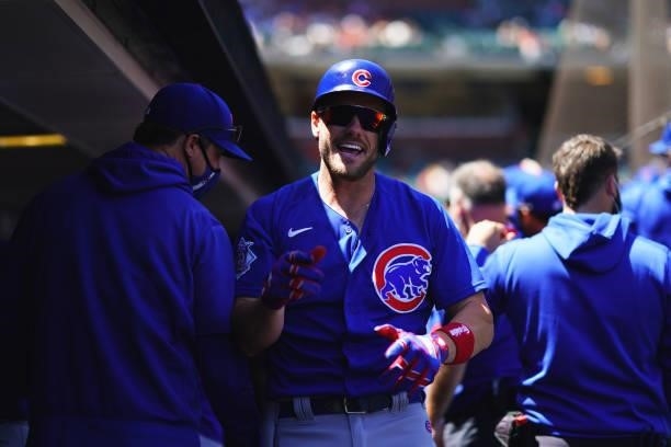 Patrick Wisdom of the Chicago Cubs celebrates hitting a home run during the game between the Chicago Cubs and the San Francisco Giants at Oracle Park...