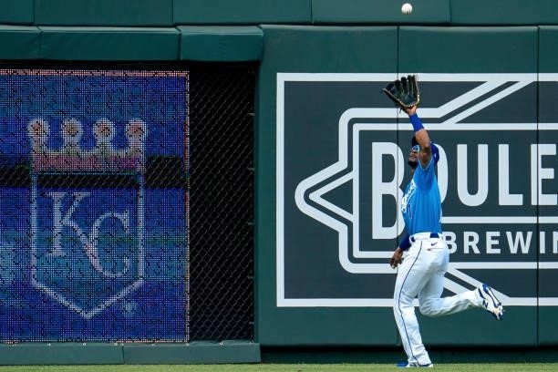 Jarrod Dyson of the Kansas City Royals catches a Minnesota Twins pop fly in the eighth inning at Kauffman Stadium on June 6, 2021 in Kansas City,...
