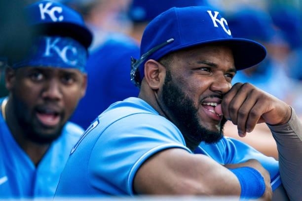 Carlos Santana of the Kansas City Royals sits in the dugout during the game against the Minnesota Twins in the ninth inning at Kauffman Stadium on...