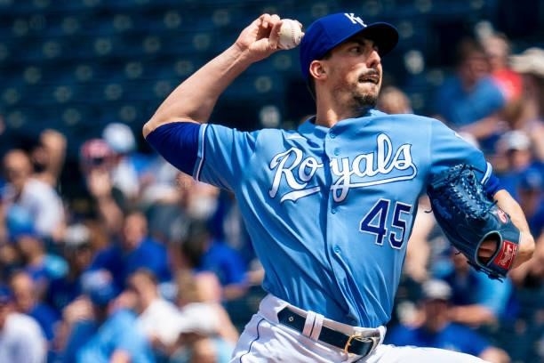 Kyle Zimmer of the Kansas City Royals pitches against the Minnesota Twins in the fifth inning against the Minnesota Twins at Kauffman Stadium on June...