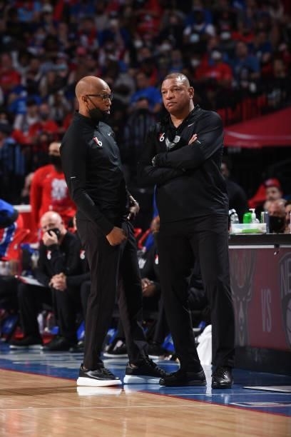 Assistant Coach Sam Cassell and Head Coach Doc Rivers of the Philadelphia 76ers talk during a game against the Atlanta Hawks during Round 2, Game 1...