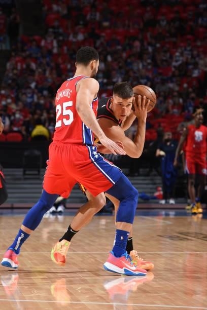 Bogdan Bogdanovic of the Atlanta Hawks handles the ball against the Philadelphia 76ers during Round 2, Game 1 of the Eastern Conference Playoffs on...