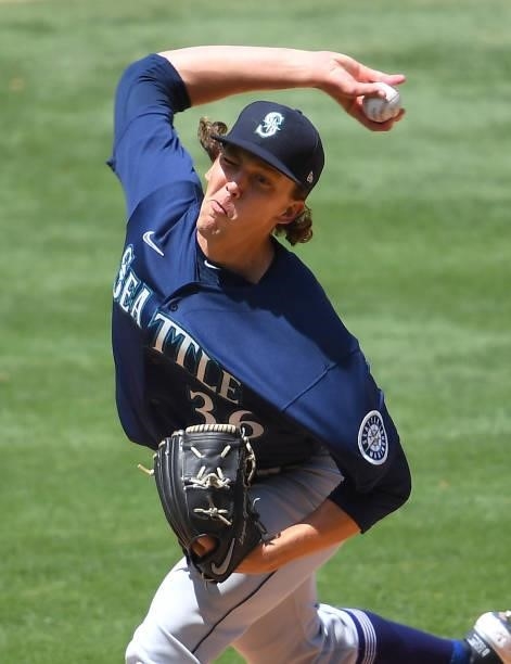 Logan Gilbert of the Seattle Mariners pitches in the fourth inning of the game against the Los Angeles Angels at Angel Stadium of Anaheim on June 6,...