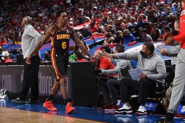 Lou Williams of the Atlanta Hawks high-fives teammates during a game against the Philadelphia 76ers during Round 2, Game 1 of the Eastern Conference...