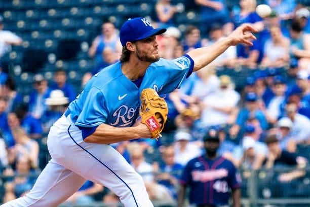 Jake Brentz of the Kansas City Royals pitches against the Minnesota Twins in the seventh inning at Kauffman Stadium on June 6, 2021 in Kansas City,...