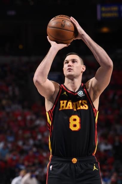 Danilo Gallinari of the Atlanta Hawks shoots a free throw during a game against the Philadelphia 76ers during Round 2, Game 1 of the Eastern...