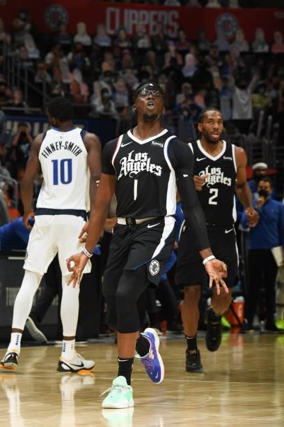 Reggie Jackson of the LA Clippers celebrates a three point basket against the Dallas Mavericks during Round 1, Game 7 of the 2021 NBA Playoffs on...
