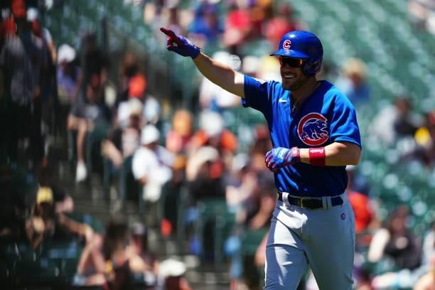 Patrick Wisdom of the Chicago Cubs celebrates hitting his second home run during the game between the Chicago Cubs and the San Francisco Giants at...